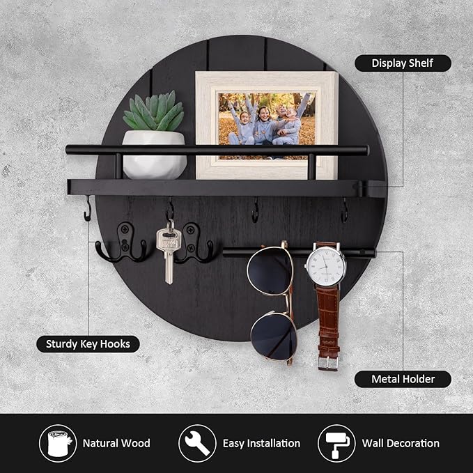 Nekon Rustic Key & Mail Organizer, Circular Wooden Key Hanger with 6 Hooks & Shelf - Wall Mount Entryway Hallway Kitchen (Black)