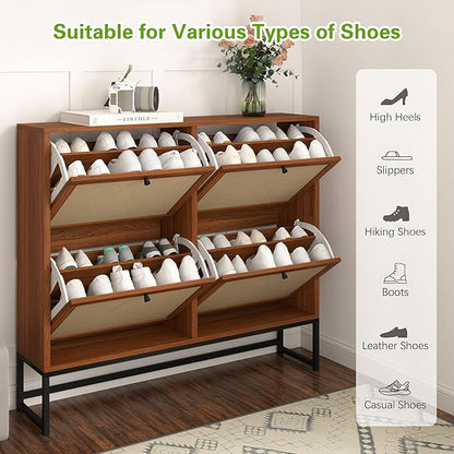 Shoe Cabinet, Shoe Storage Cabinet with 4 Flip Drawers, Freestanding Shoe Organizer Shoe Rack for Entryway, Hallway, Living Room (Walnut - 8 Tiers)