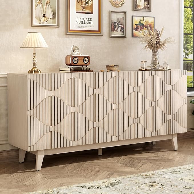 Buffet Cabinet with Storage, Distressed Storage Cabinet with 4 Carved Doors and Adjustable Shelf, Wooden Accent Sideboard Buffet Cabinets for Kitchen, Living Room, Entryway, Natural