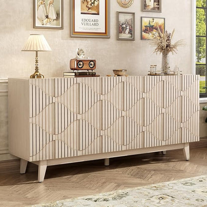 Buffet Cabinet with Storage, Distressed Storage Cabinet with 4 Carved Doors and Adjustable Shelf, Wooden Accent Sideboard Buffet Cabinets for Kitchen, Living Room, Entryway, Natural