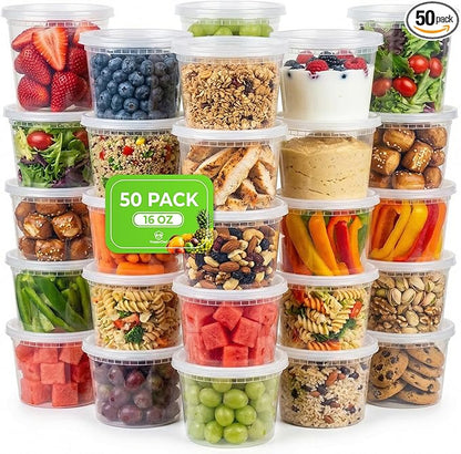Koppochef 16oz Deli Containers [50 Pack], Leakproof and Durable, Microwave Dishwasher Freezer Safe, Stackable Storage Deli Containers with Lids, BPA Free and Recyclable