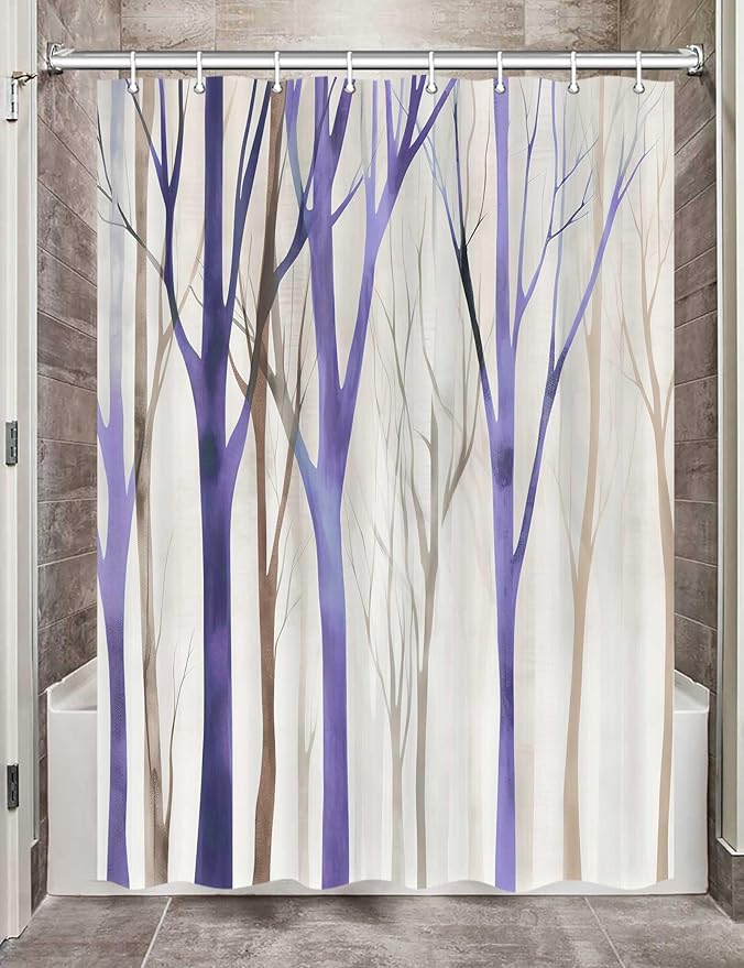 MERCHR Brown Purple Tree Fabric Shower Curtain, Art Style Abstract Birch Forest Rustic Wood Polyester Fabric Waterproof Bath Curtain, Farmhouse Bathroom Shower Curtains with Hooks 72X72 Inch
