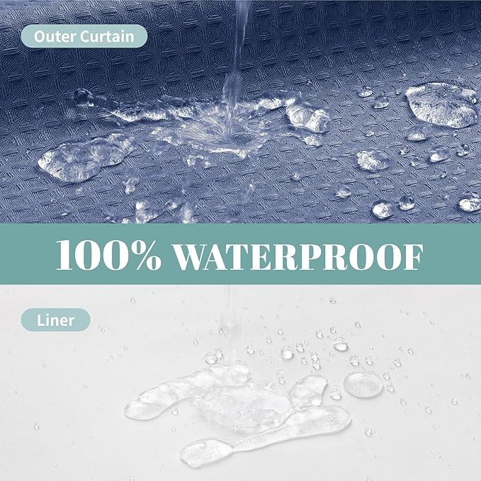MoonLightBlue No Hook Waffle Weave Shower Curtain with snap-in Liner Replacement, 230GSM Waterproof Fabric Hotel Shower Curtain Set for Bathroom, Through Mesh Top Window,71Wx74H