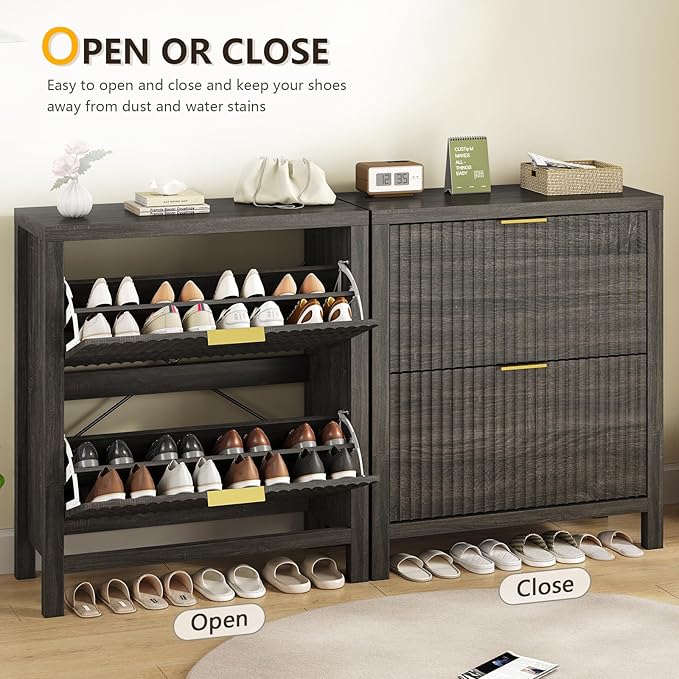 Shoe Cabinet Storage for Entryway, Fluted Shoe Cabinet with 2 Flip Drawers, Hidden Shoe Rack Tall Freestanding Shoe Organizer with Legs for Hallway, Dark Gray