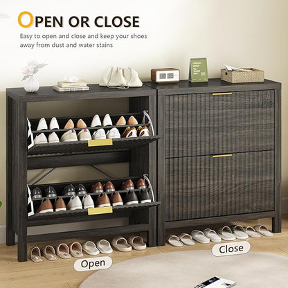 Shoe Cabinet Storage for Entryway, Fluted Shoe Cabinet with 2 Flip Drawers, Hidden Shoe Rack Tall Freestanding Shoe Organizer with Legs for Hallway, Dark Gray