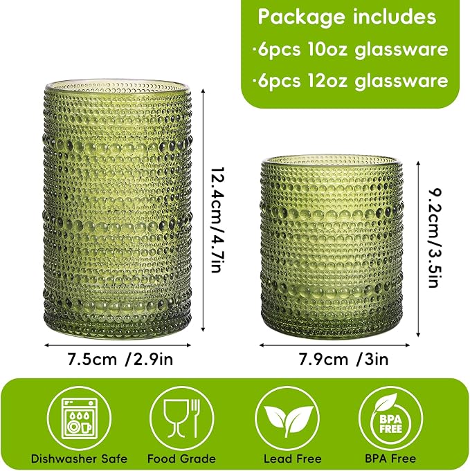 Moretoes Hobnail Drinking Glasses, 12 Piece Green Water Glass Cups, Mixed Vintage Glassware Set, 6pcs 12oz Highballs and 6pcs 10oz Old Fashioned Glasses, Great for Cocktail, Whisky and Other Beverages