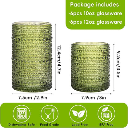 Moretoes Hobnail Drinking Glasses, 12 Piece Green Water Glass Cups, Mixed Vintage Glassware Set, 6pcs 12oz Highballs and 6pcs 10oz Old Fashioned Glasses, Great for Cocktail, Whisky and Other Beverages