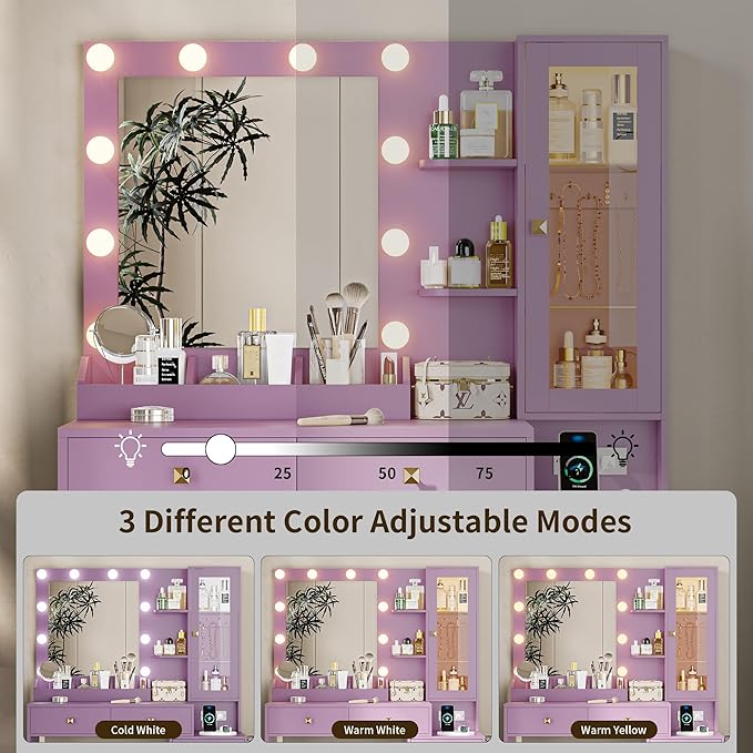 Vanity Desk with Mirror and Lights, Purple Makeup Vanity with 5 Drawers Hidden Jewelry Organizer& LED Glass Cabinet,3 Light Mode and Brightness Adjusted,Vanities Mirror with Lights Desk and Chair