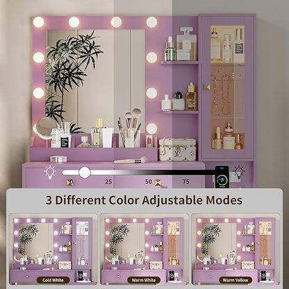 Vanity Desk with Mirror and Lights, Purple Makeup Vanity with 5 Drawers Hidden Jewelry Organizer& LED Glass Cabinet,3 Light Mode and Brightness Adjusted,Vanities Mirror with Lights Desk and Chair
