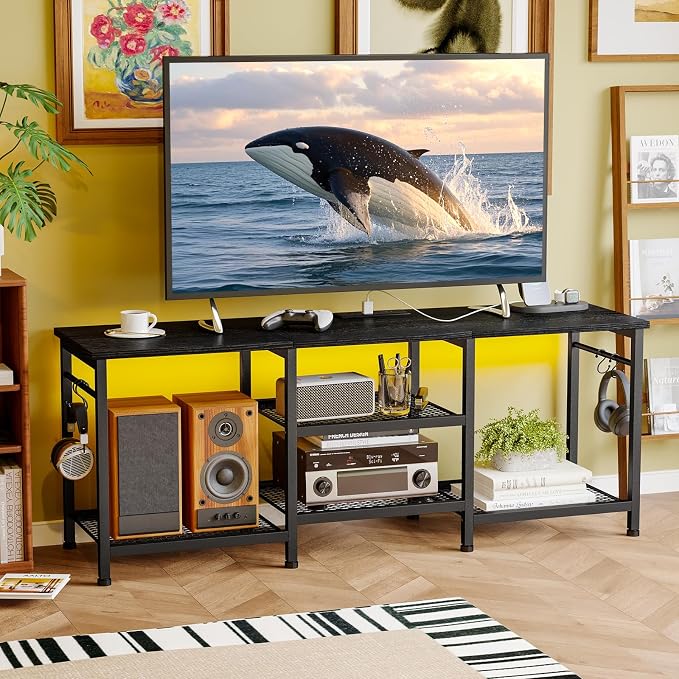 YGEOMER Black Entertainment Stand for Up to 50 Inch TVs, Tv Stand with Outlet Led Lights Open Storage Shelves, TV Consoles for Living Room, Bedroom