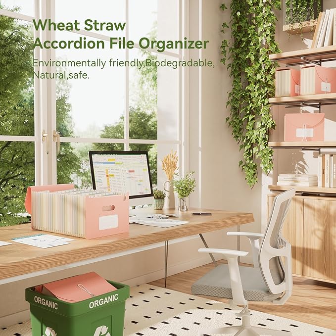 Wheat Straw Accordion File Organizer, 26 Pockets Expanding File Folder, Monthly Bill Receipt Organizer with A-Z Tabs, BPA Free, Letter/A4 - Strawberry Pink