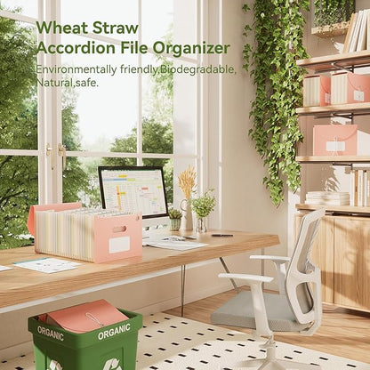 Wheat Straw Accordion File Organizer, 26 Pockets Expanding File Folder, Monthly Bill Receipt Organizer with A-Z Tabs, BPA Free, Letter/A4 - Strawberry Pink