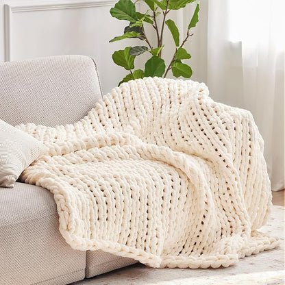 Negwoo Chunky Knit Throw Blanket, 80''*90'' Knitted Throw Chenille Yarn for Bed Couch, Handmade Cream Crochet Big Thick Blanket, Machine Washable Cute Comfy Blanket for Home Decor