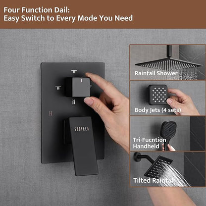 Shower System Matte Black, Push Button Diverter Shower Faucet with 3 in 1 Handheld, Ceiling Mount 12 Inch Shower Head with 6 Inch Wall Mount Shower Head