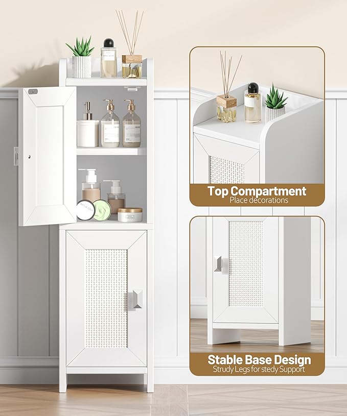 Akxomel Rattan Small Bathroom Cabinet with 2 Doors, 7.9''D x 7.9''W Narrow Toilet Paper Storage Cabinet, Bathroom Organizer for Small Spaces, Slim Corner Unit with Adjustable Shelf, White Rattan