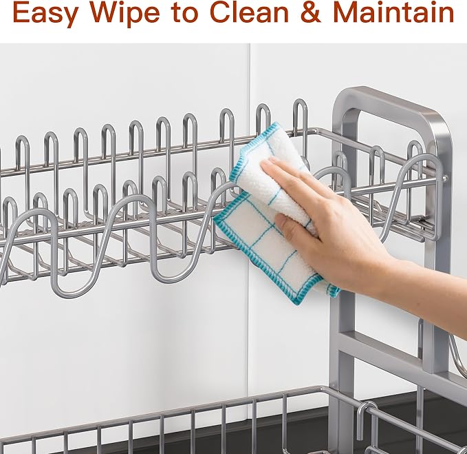 BOOSINY 2 Tier Dish Drainer Drying Rack for Kitchen Counter, Large Stainless Steel Dish Dryer with Drainboard, Big Rustproof Metal Space Saving Countertop Plate Strainer with Utensil Holder, Sliver