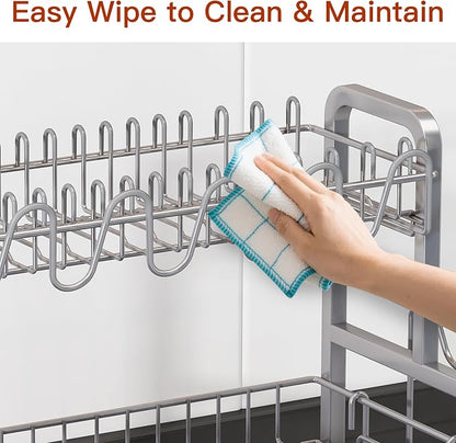 BOOSINY 2 Tier Dish Drainer Drying Rack for Kitchen Counter, Large Stainless Steel Dish Dryer with Drainboard, Big Rustproof Metal Space Saving Countertop Plate Strainer with Utensil Holder, Sliver