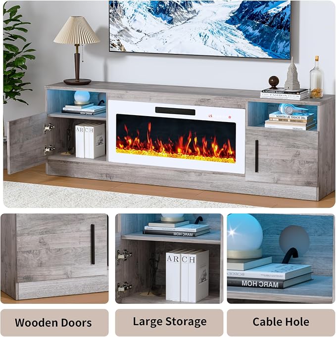PRETZI Fireplace TV Stand with 36" Fireplace Up to 80" TVs, 70" Entertainment Center with LED Lights,Remote Control, TV Media Console with Storage Cabinets for Living Room,White+Grey