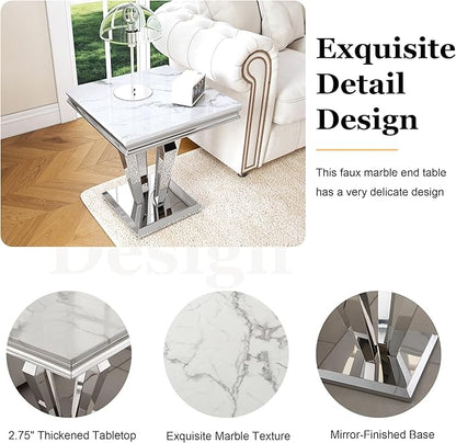 Marble End Table, Modern Square 23” Side Table with Diamond-Shape Stainless Steel Base and Faux Marble Top, Small Sofa Table for Living Room, Bedroom, Lounge (Silver,White)