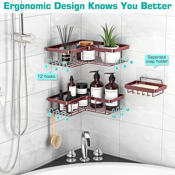 YASONIC Corner Shower Caddy, 3-Pack Adhesive Shower Caddy with Soap Holder and 12 Hooks, Rustproof Stainless Steel, No Drilling Wall Mounted Rack Organizer, for Bathroom, Bronze