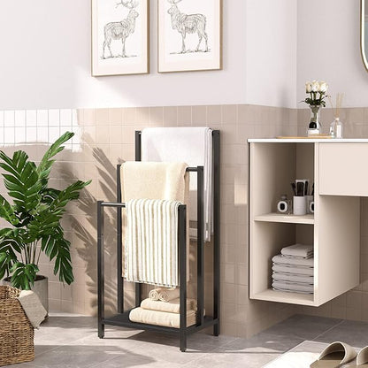 HOOBRO Free Standing Towel Rack, 3 Tier Blanket Rack, Blanket Holder for Bathroom, 16.9" L x 11" W x 31.9" H, Industrial Metal Drying and Display Rack with Shelf, Black BB03LB01