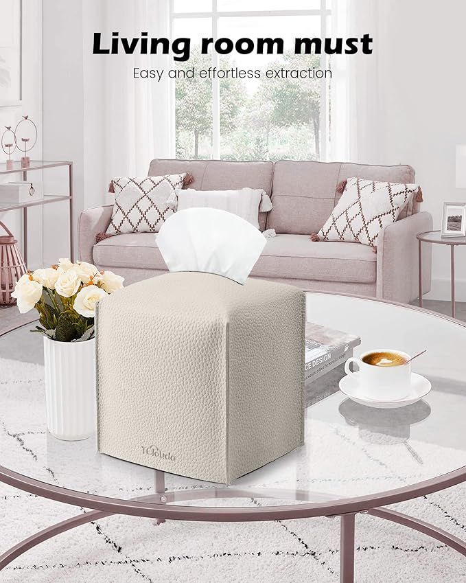 Tclouda Tissue Box Cover for PU Leather, Modern Simple Solid Color Holder Square Tissue Bag, Ideal for Bathrooms,Office,Car,Outdoor Tent,Dining Table,5"X5"X5", Double Off-White