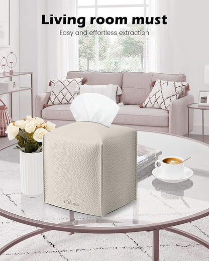 Tclouda Tissue Box Cover for PU Leather, Modern Simple Solid Color Holder Square Tissue Bag, Ideal for Bathrooms,Office,Car,Outdoor Tent,Dining Table,5"X5"X5", Single Off-White