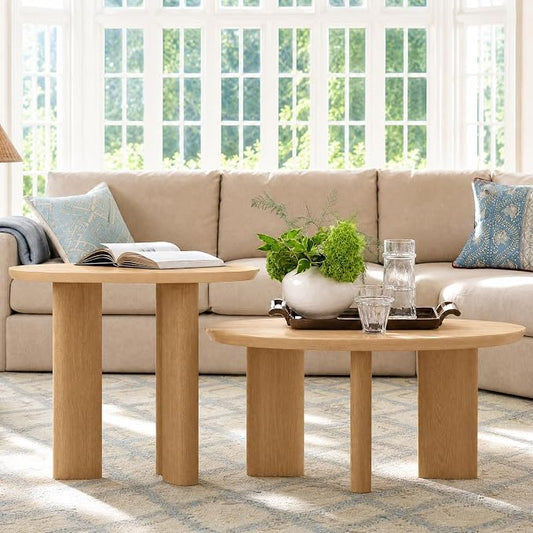 Yechen Nesting Coffee Table Set of 2, Round Wooden Veneer Coffee Table and Side Table Set, Circle Modern Center Tables with Smooth Thick Design for Living Room, Office, or Apartment