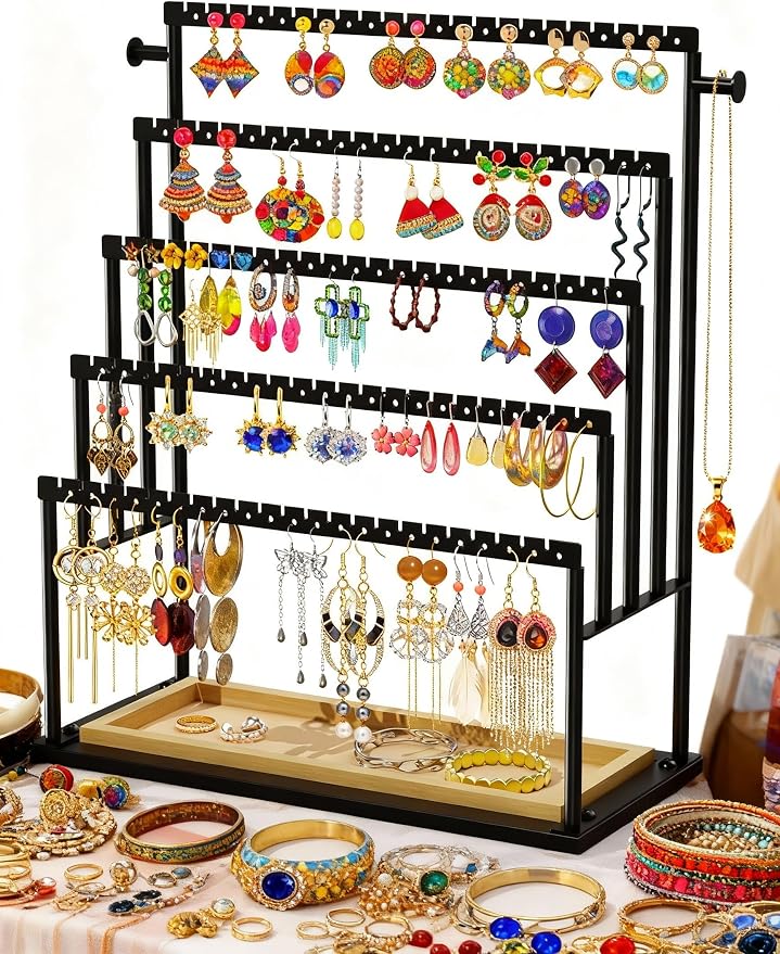 Earring Holder Organizer, 5-Tier Jewelry Display Stand with Matte Black Metal Frame and Wooden Tray, Large Earring Holder for Studs, Hoops, Dangles, Modern Jewelry Organizer for Women