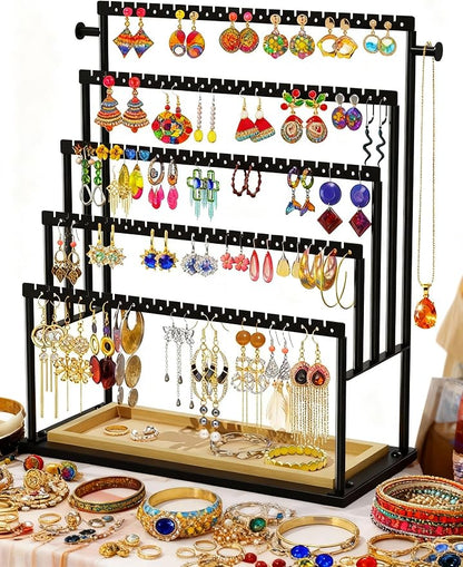 Earring Holder Organizer, 5-Tier Jewelry Display Stand with Matte Black Metal Frame and Wooden Tray, Large Earring Holder for Studs, Hoops, Dangles, Modern Jewelry Organizer for Women