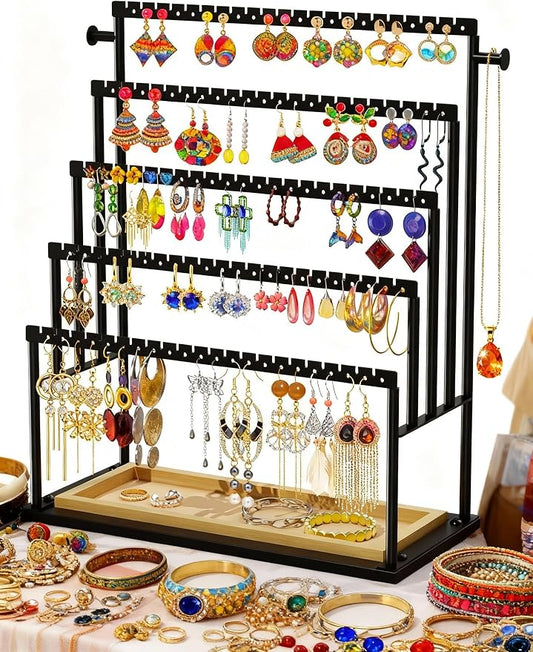 Earring Holder Organizer, 5-Tier Jewelry Display Stand with Matte Black Metal Frame and Wooden Tray, Large Earring Holder for Studs, Hoops, Dangles, Modern Jewelry Organizer for Women
