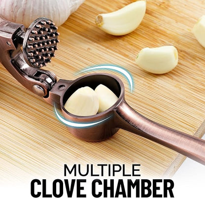 Zulay Kitchen Premium Garlic Press Set - Rust Proof Professional Garlic Mincer Tool - Easy-Squeeze, Easy-Clean with Soft, Ergonomic Handle - Silicone Garlic Peeler & Brush (Copper)