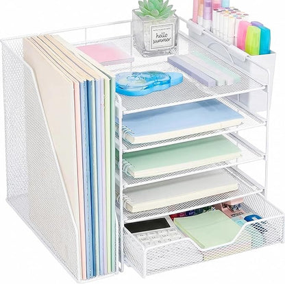 Desk Organizers and Accessories, 5-Tier Paper Letter Tray Organizer with File Holder, Drawer & Pen Holder, Office Desk Accessories, Desktop Organizer for Classroom Office Supplies, White