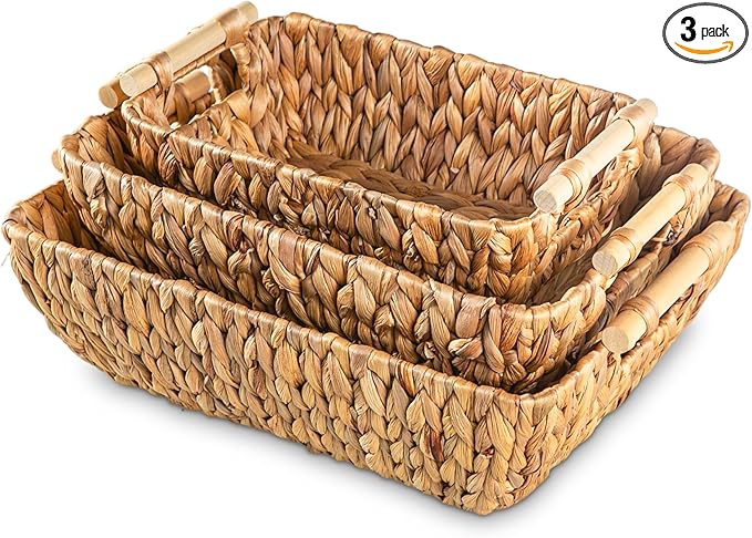 Mowtanco Woven Storage Baskets – Set of 3 Handwoven Water Hyacinth Wicker Baskets with Wooden Handles for Organizing, Decorative Baskets for Laundry Room, Home Decor - Large, Medium & Small