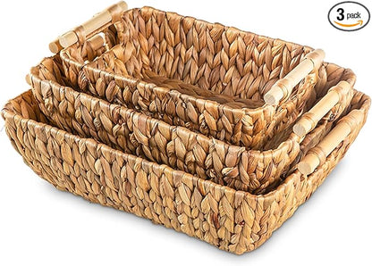 Mowtanco Woven Storage Baskets – Set of 3 Handwoven Water Hyacinth Wicker Baskets with Wooden Handles for Organizing, Decorative Baskets for Laundry Room, Home Decor - Large, Medium & Small