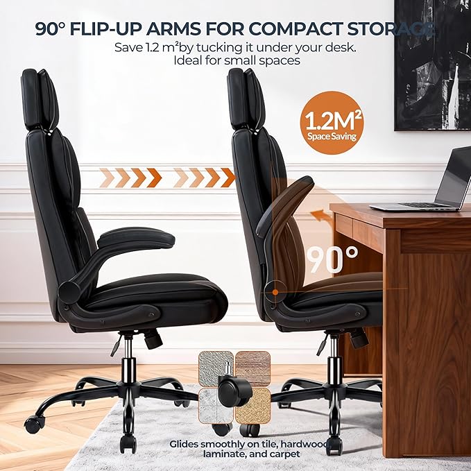 Office Chair with Adjustable Headrest, Faux Leather Executive Home Office Desk Chairs with Ergonomic Back Support, Padded Flip-Up Armrests, Swivel Rolling Computer Chair for Work, Study, Black