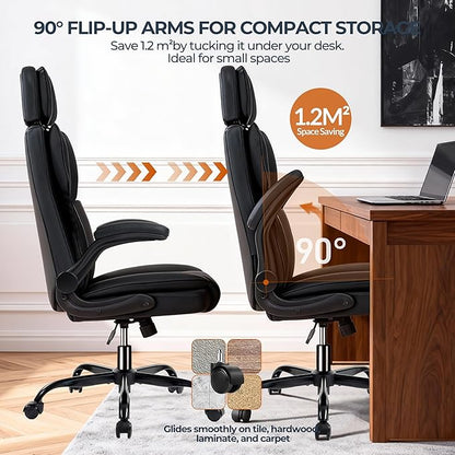 Office Chair with Adjustable Headrest, Faux Leather Executive Home Office Desk Chairs with Ergonomic Back Support, Padded Flip-Up Armrests, Swivel Rolling Computer Chair for Work, Study, Black