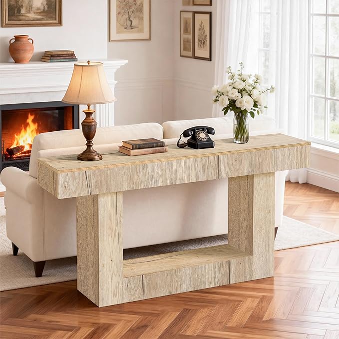 63 Inch Long Entryway Table U-Shaped Extension, Wooden Console Table with Socket Farmhouse Sofa Table for Entrance, Hallway, Living Room,Behind Couch((Natural Brown)