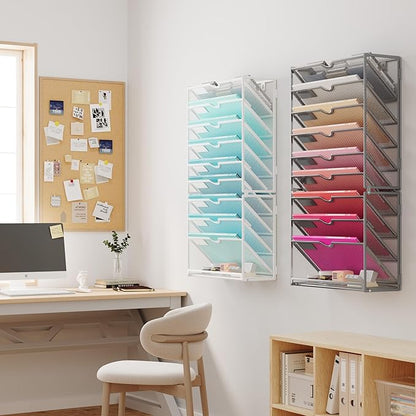 Lavatino 10-Tier Hanging Wall File Folders Organizer - Silver Metal Mesh Paper Magazine Document Mail Holder File Organizer for Office School Home Wall Mount or Desk Supplies Organization