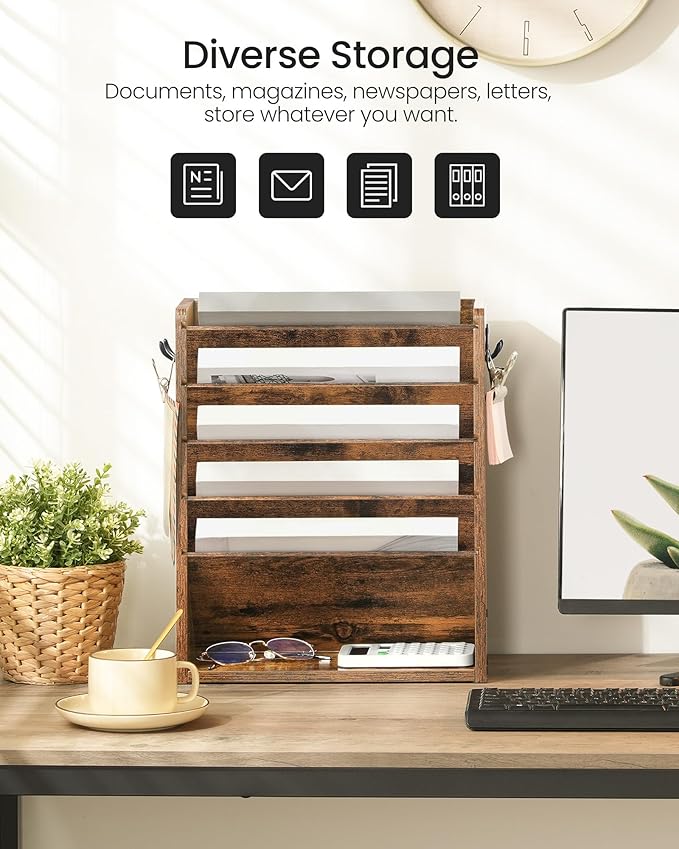 CHOEZON Wall File Organizer, 6-Tier Vertical Mount Hanging Holder with 2 Side Hooks, Vintage Wooden Magazine Storage Crate with Bottom Flat Tray, Desk Organizer, for Office, Home, Rustic Brown MWJ01FG