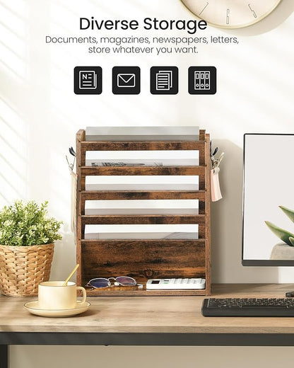 CHOEZON Wall File Organizer, 6-Tier Vertical Mount Hanging Holder with 2 Side Hooks, Vintage Wooden Magazine Storage Crate with Bottom Flat Tray, Desk Organizer, for Office, Home, Rustic Brown MWJ01FG