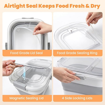 30 Lbs Rice Storage Container with Wheels, Collapsible Airtight Food Storage Container with Transparent Lid, Measuring Cup, Scoop, Handle, BPA Free Rice Holder for Pet Food, Grain, and Bird Seed