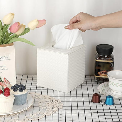 Sumnacon Tissue Box Cover Square Tissue Box Stylish PU Woven Lozenge Pattern Tissue Box Holder with Magnetic Bottom,Cube Leather Tissue Cover for Living Room Bathroom Table Desk Home Office Car,White