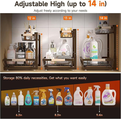 Sevenblue 2 Packs Under Sink Organizer, Height Adjustable 2 Tier Under Kitchen Sink Organizer, Multi-Purpose Storage Shelf for Kitchen Bathroom Cabinet (Brown, Extra Large)
