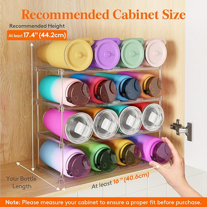 Lifewit Stackable Bottle Storage Organizer, Clear Freestanding Wine Holder for Cabinet, Large Slot Water Bottle Tumbler Organizer for Pantry, Plastic Wine Rack for Fridge Cellar, 4Tier Hold 16