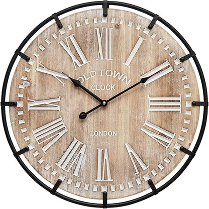 MODE HOME Large Farmhouse Wall Clock, 24 Inch Rustic Wooden Wall Clock Decorative with Metal Circle and Engraved Numerals, Silent Battery Operated for Kitchen Bedroom Living Room Fireplace Mantel