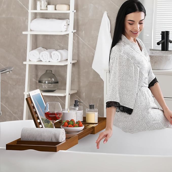 Expandable Solid Teak Wood Bathtub Caddy Tray, Adjustable Bath Tub Organizer for Bathroom Spa, Luxury Bath Accessories (Dark Natural Teak, Non‑Foldable Structure)