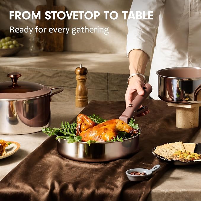 CAROTE 22pcs Hybrid Nonstick Pots and Pans Set, Stainless Steel Cookware Set with Honeycomb Titanium Interior, Induction Safe, Oven Safe, Brown (PFOS, PFOA Free)