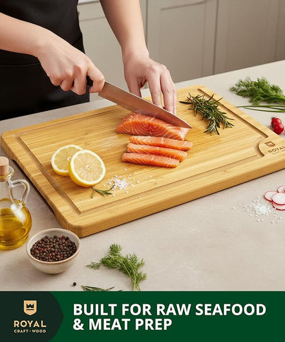 ROYAL CRAFT WOOD Wooden Cutting Boards for Kitchen Meal Prep & Serving - Bamboo Wood Serving Board Set with Deep Juice Groove Side Handles - Charcuterie & Chopping Butcher Block for Meat