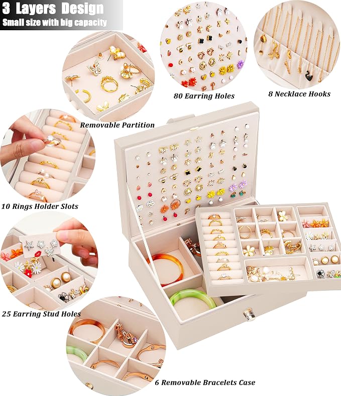 QBestry Girls Jewelry Box Earring Holder Organizer for Girls Jewelry Organizer Box Stud Earrings Organizer for Girl Womens Beige Jewelry Box for Earrings and Necklaces Rings Stud Earring Box for Teen